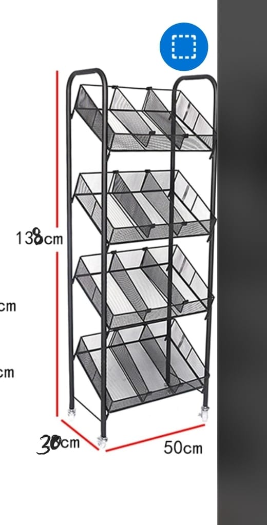 Multi-tier metal mesh rolling storage rack/display stand.